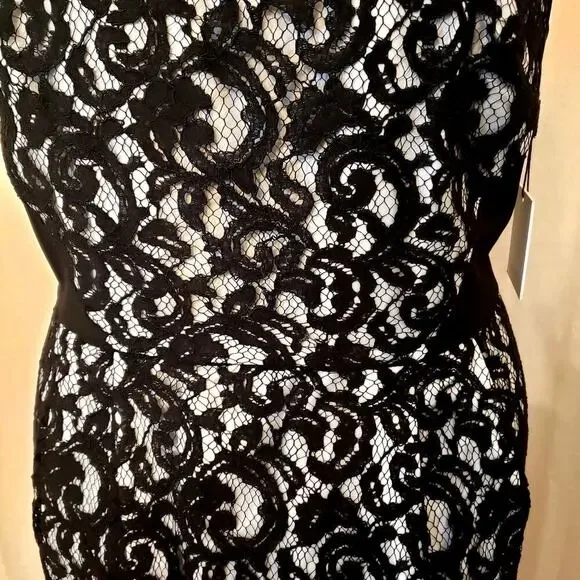 Calvin Klein Black White Sleeveless Lace Overlay Cocktail Party Dress | SZ 16W - Picture 6 of 13